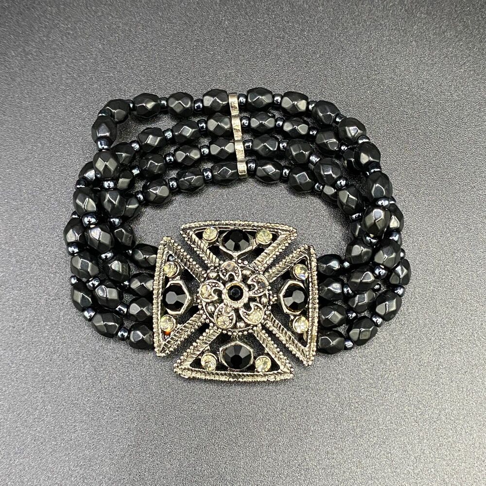 Art Deco Style Maltese Iron Cross Crystal & Plastic Bead Stretch Bracelet